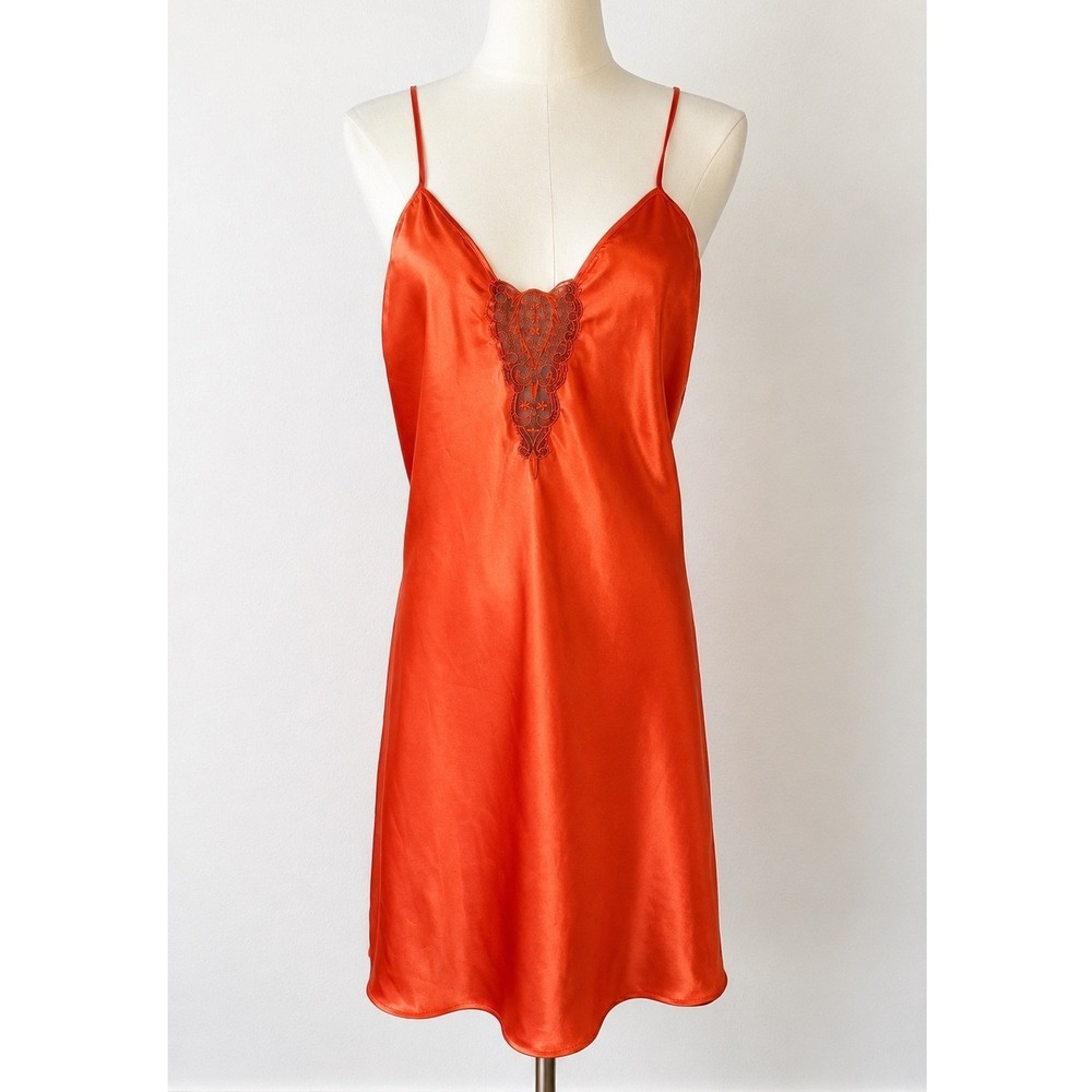 Vintage 90s Beth‎ Michaels Satin Chemise Large Orange Embroidered Slip Dress